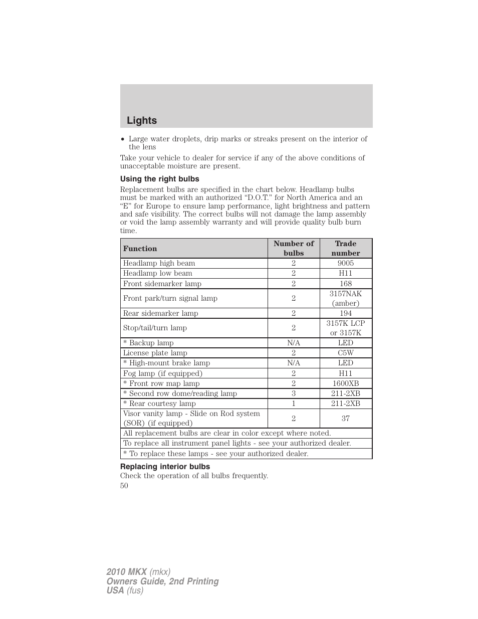 Using the right bulbs, Replacing interior bulbs, Lights | Lincoln 2010 MKX User Manual | Page 50 / 311