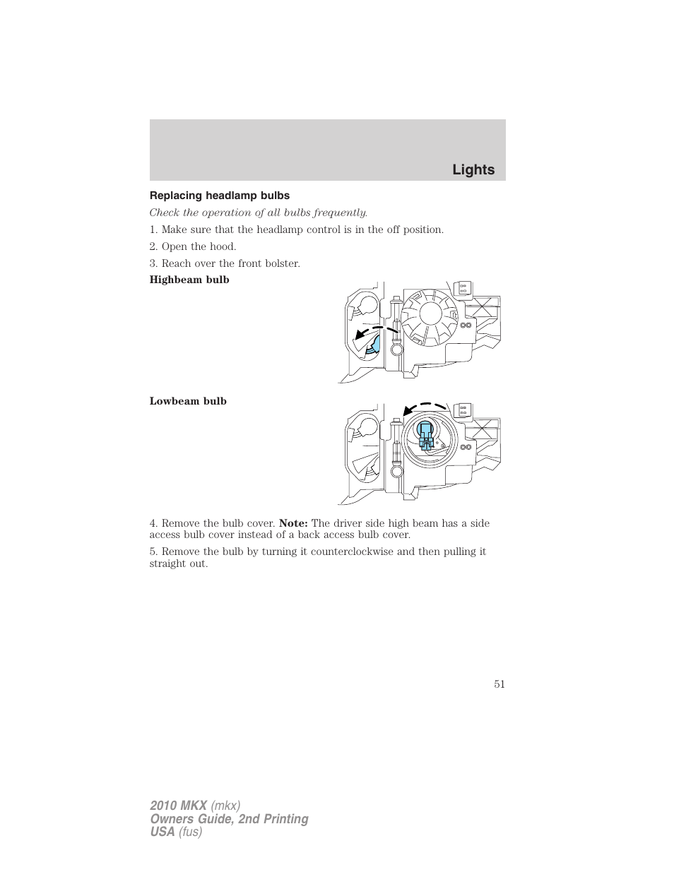 Replacing headlamp bulbs, Lights | Lincoln 2010 MKX User Manual | Page 51 / 311