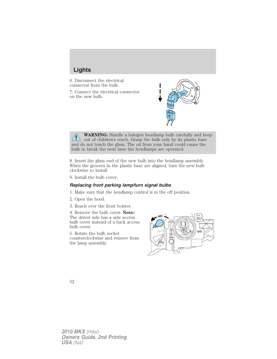 Replacing front parking lamp/turn signal bulbs, Lights | Lincoln 2010 MKX User Manual | Page 52 / 311