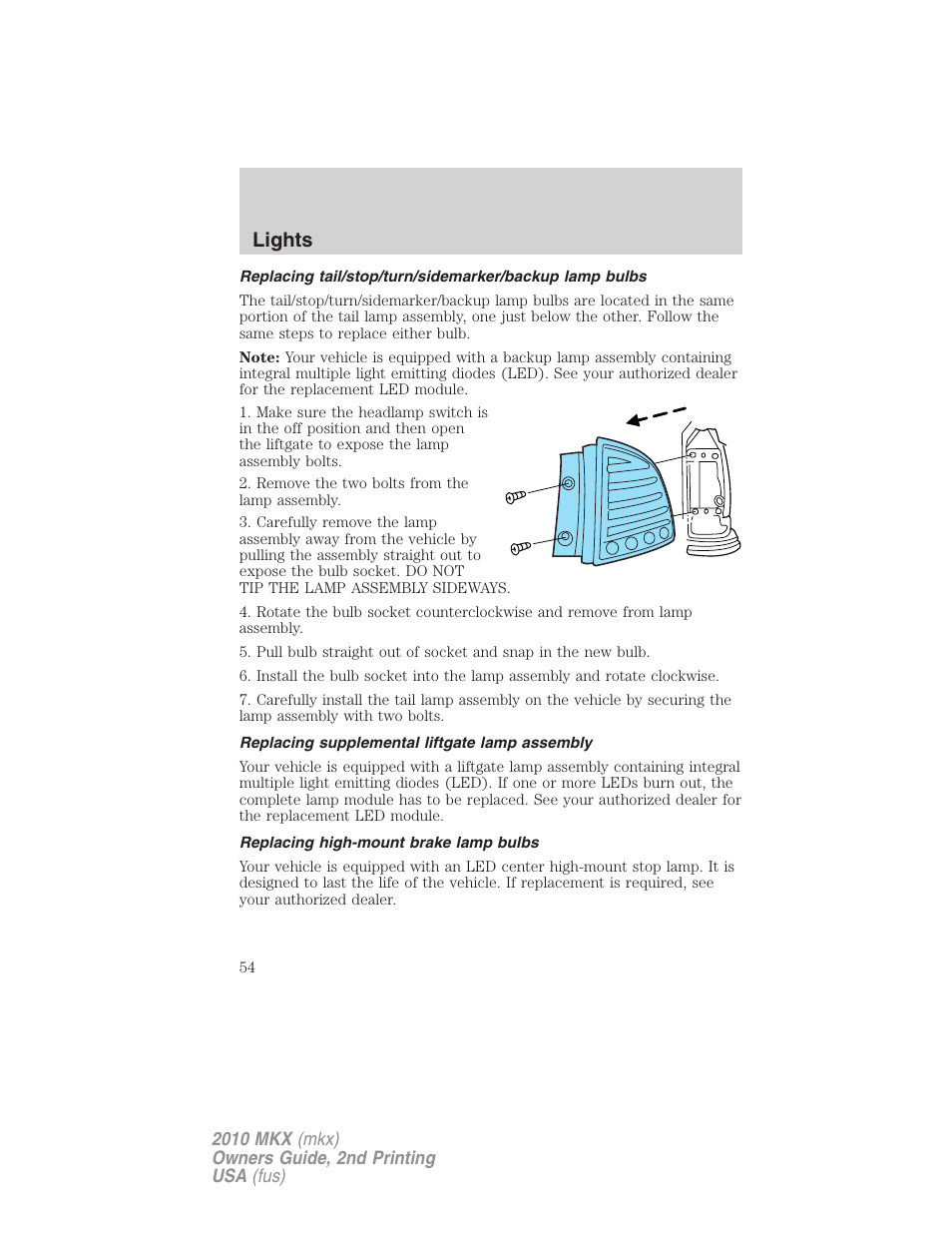Replacing supplemental liftgate lamp assembly, Replacing high-mount brake lamp bulbs, Lights | Lincoln 2010 MKX User Manual | Page 54 / 311