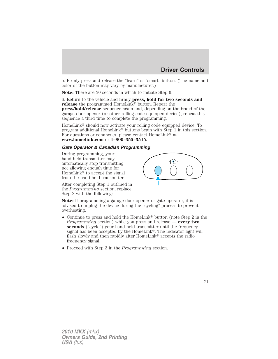 Gate operator & canadian programming, Driver controls | Lincoln 2010 MKX User Manual | Page 71 / 311