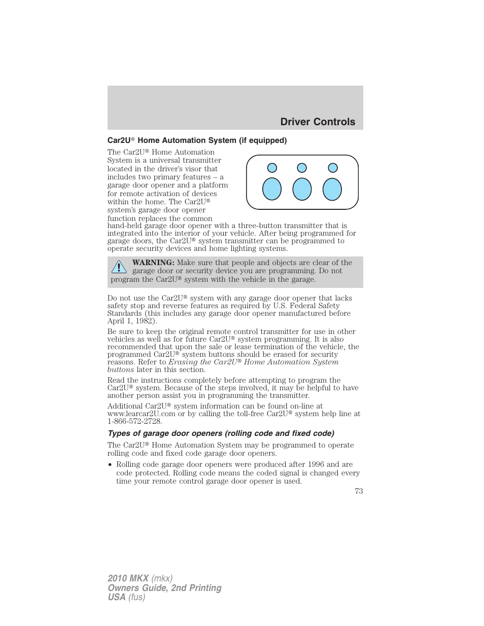 Car2u home automation system (if equipped), Driver controls | Lincoln 2010 MKX User Manual | Page 73 / 311