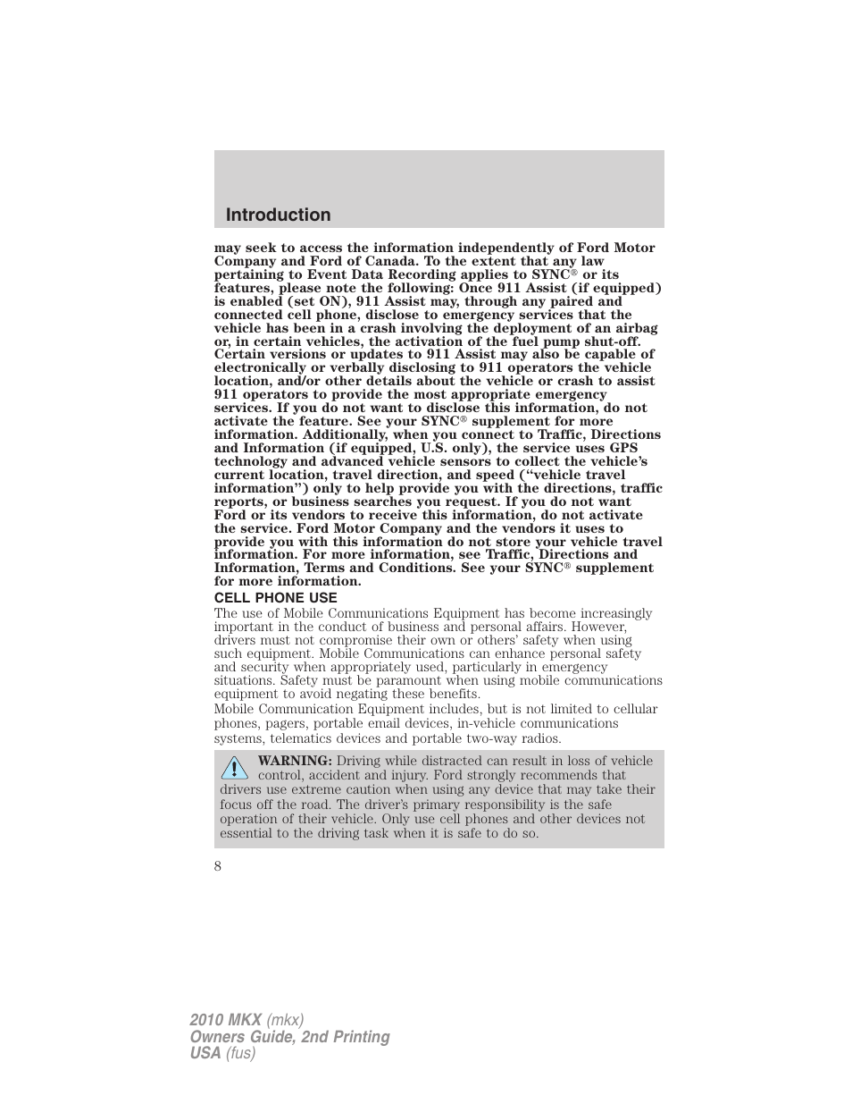 Cell phone use, Introduction | Lincoln 2010 MKX User Manual | Page 8 / 311