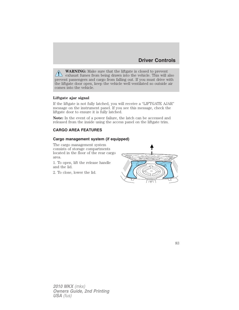 Cargo area features, Cargo management system (if equipped), Driver controls | Lincoln 2010 MKX User Manual | Page 83 / 311