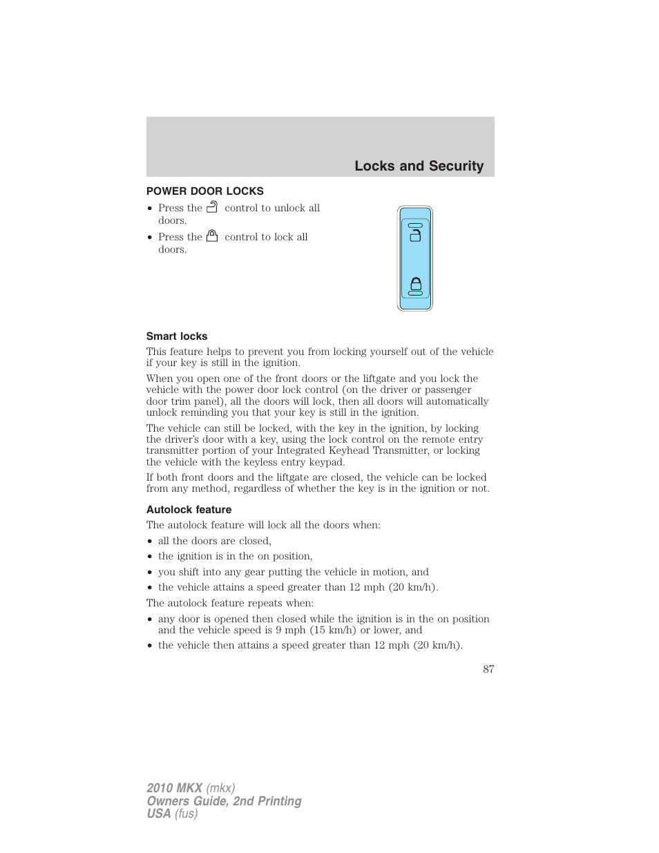 Power door locks, Smart locks, Autolock feature | Locks, Locks and security | Lincoln 2010 MKX User Manual | Page 87 / 311