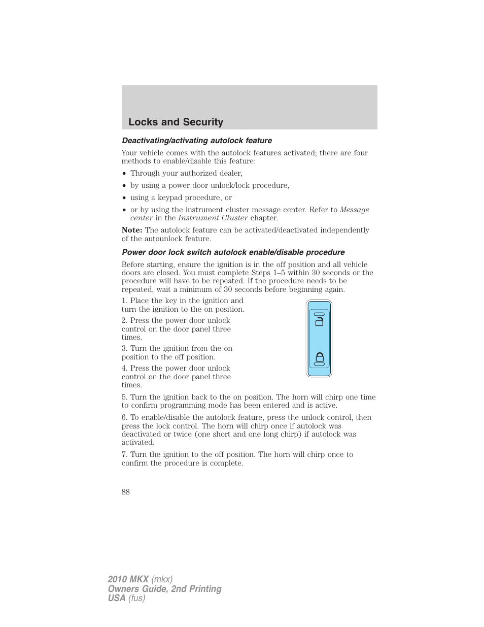 Deactivating/activating autolock feature, Locks and security | Lincoln 2010 MKX User Manual | Page 88 / 311