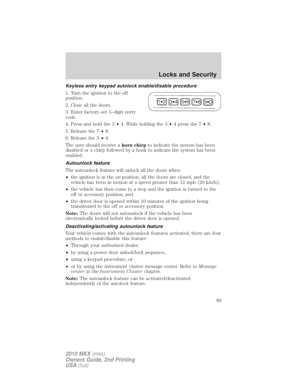 Autounlock feature, Deactivating/activating autounlock feature, Locks and security | Lincoln 2010 MKX User Manual | Page 89 / 311