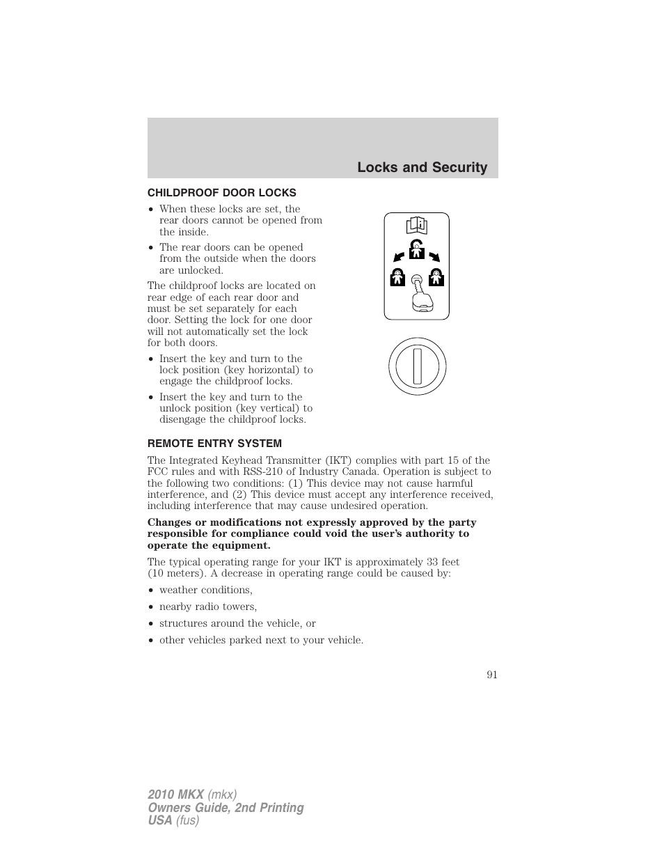 Childproof door locks, Remote entry system, Locks and security | Lincoln 2010 MKX User Manual | Page 91 / 311