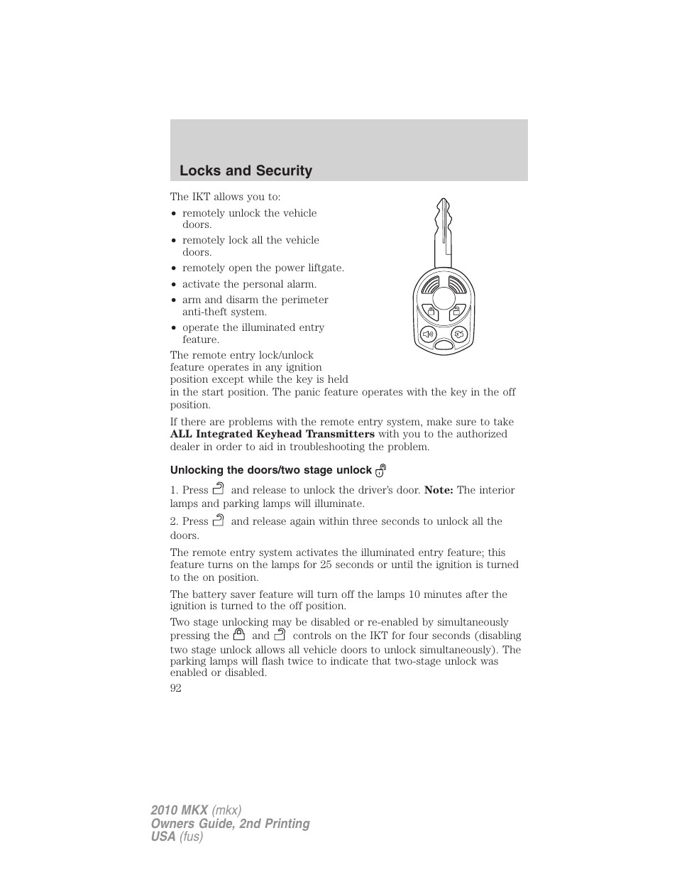 Unlocking the doors/two stage unlock, Locks and security | Lincoln 2010 MKX User Manual | Page 92 / 311