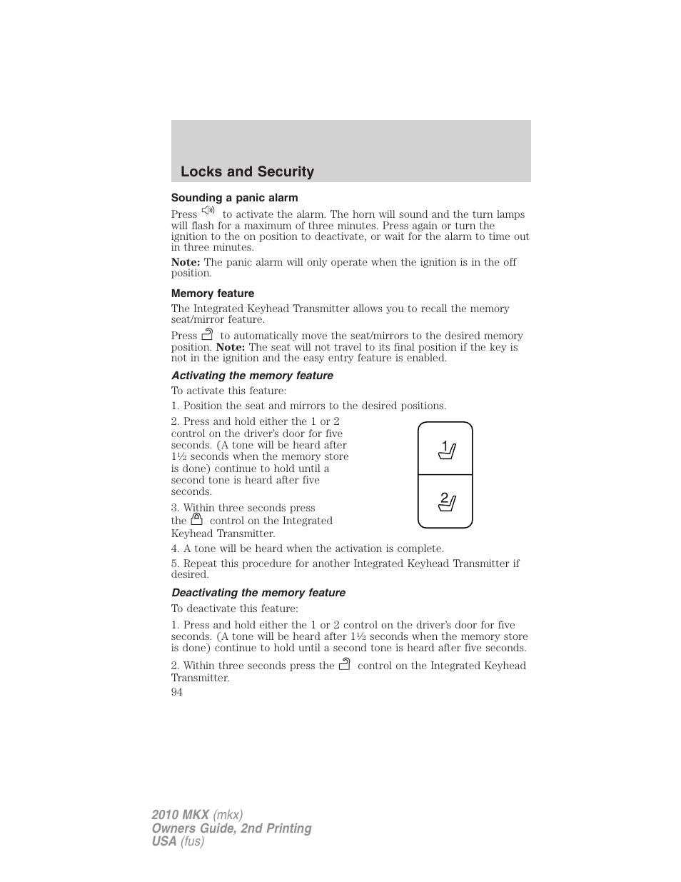 Sounding a panic alarm, Memory feature, Activating the memory feature | Deactivating the memory feature, Locks and security | Lincoln 2010 MKX User Manual | Page 94 / 311