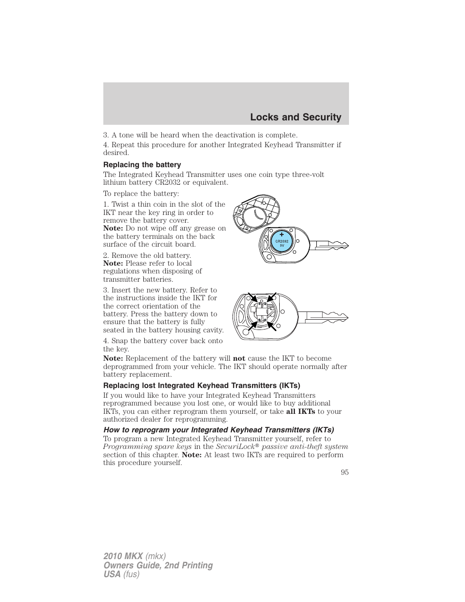 Replacing the battery, Locks and security | Lincoln 2010 MKX User Manual | Page 95 / 311