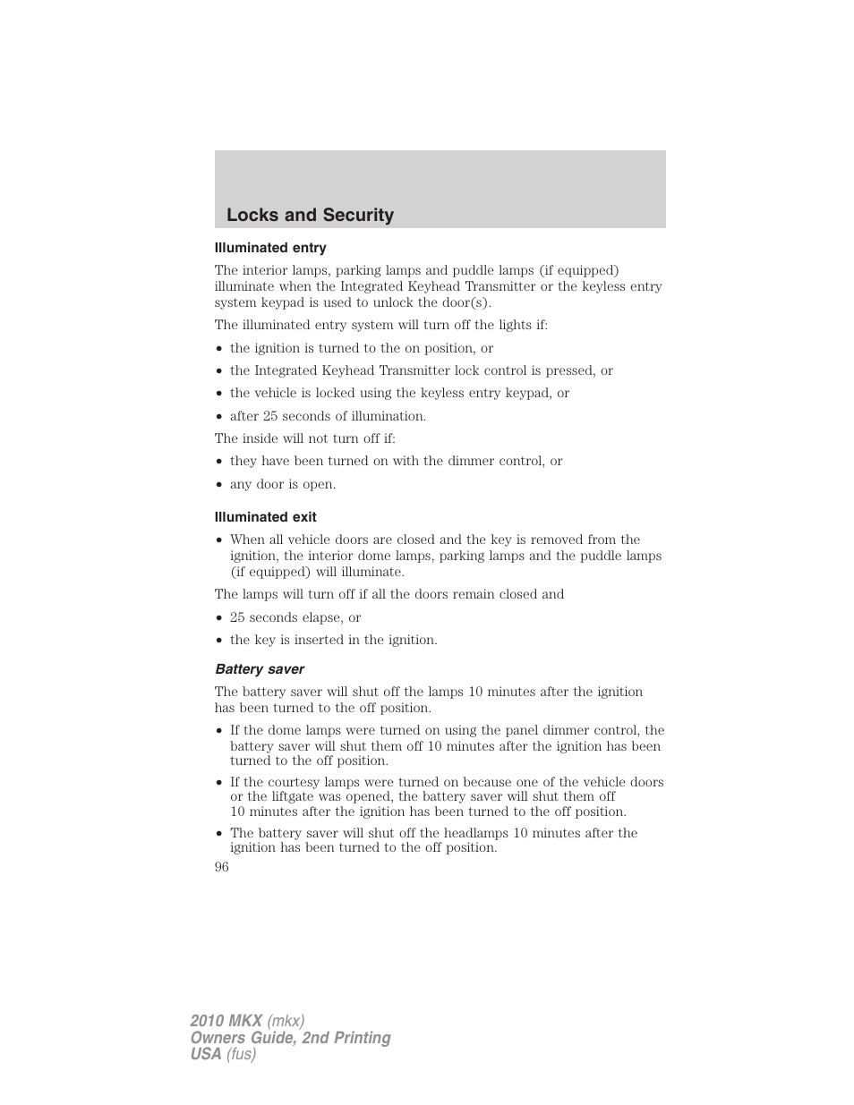 Illuminated entry, Illuminated exit, Battery saver | Locks and security | Lincoln 2010 MKX User Manual | Page 96 / 311