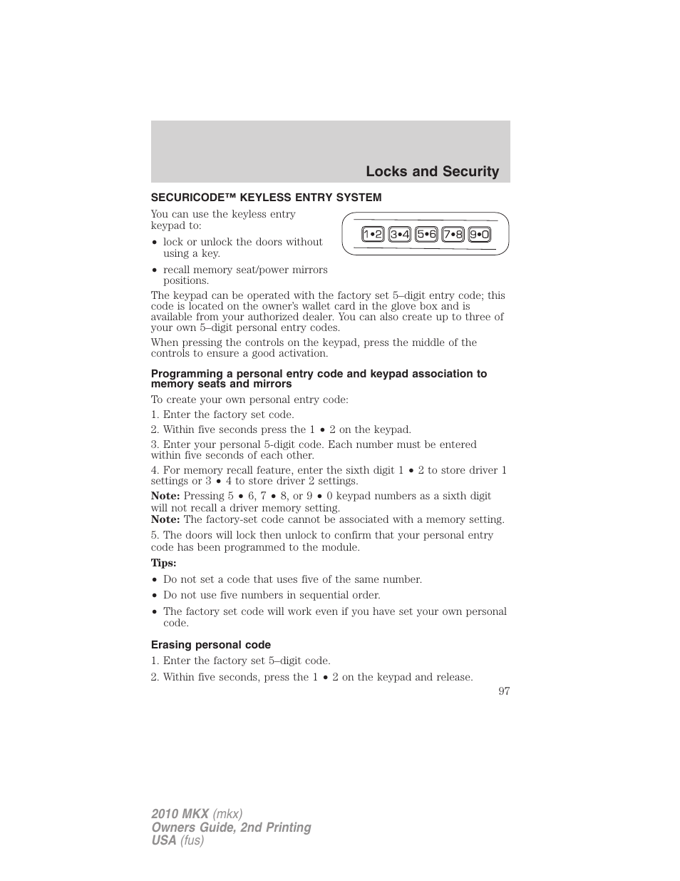 Securicode™ keyless entry system, Erasing personal code, Locks and security | Lincoln 2010 MKX User Manual | Page 97 / 311