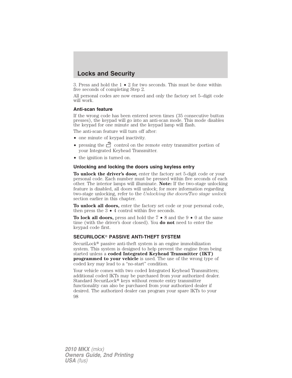 Anti-scan feature, Securilock passive anti-theft system, Anti-theft system | Locks and security | Lincoln 2010 MKX User Manual | Page 98 / 311