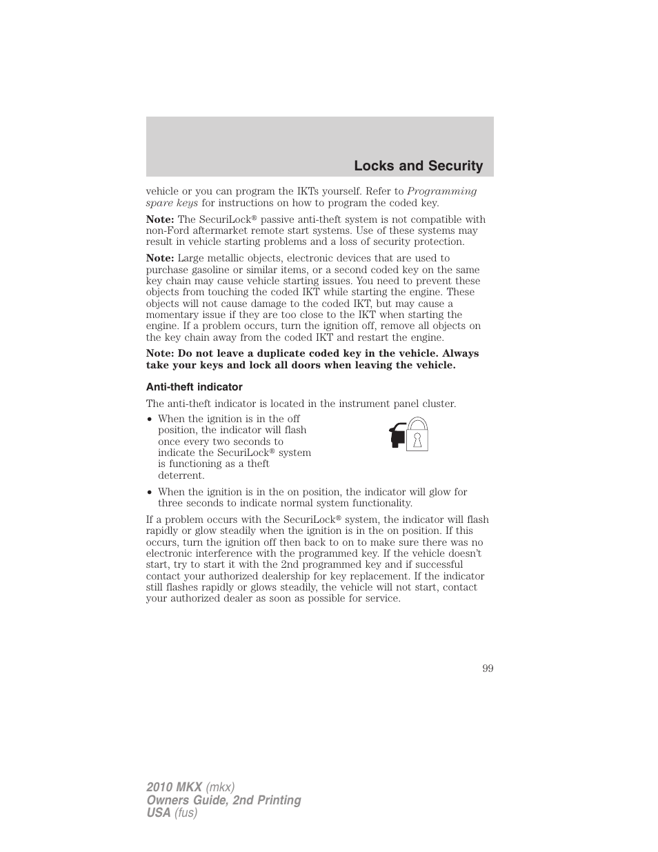 Anti-theft indicator, Locks and security | Lincoln 2010 MKX User Manual | Page 99 / 311