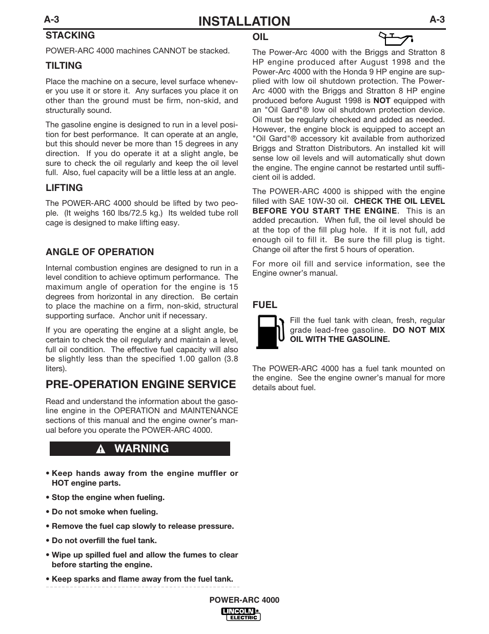 Installation, Pre-operation engine service, Warning | Lincoln POWER-ARC 4000 User Manual | Page 10 / 52