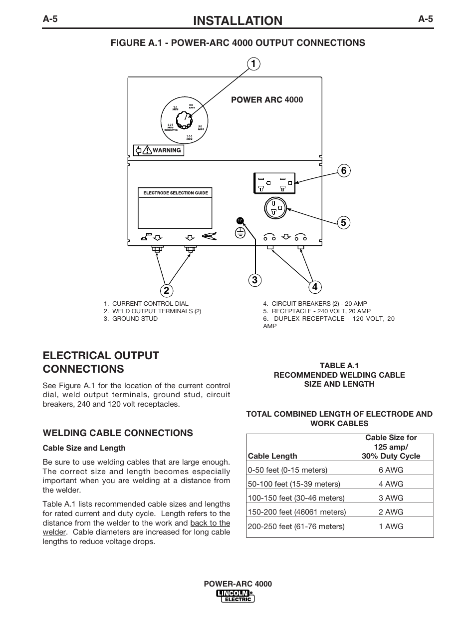 Installation, Electrical output connections, Welding cable connections | Lincoln POWER-ARC 4000 User Manual | Page 12 / 52