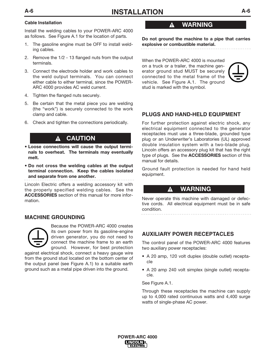 Installation, Caution warning warning | Lincoln POWER-ARC 4000 User Manual | Page 13 / 52