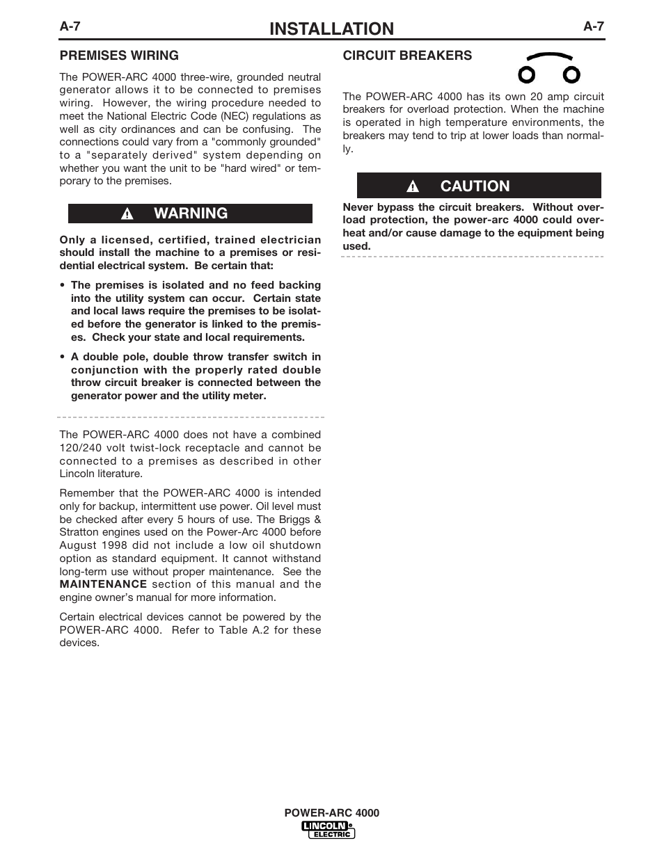 Installation, Warning caution | Lincoln POWER-ARC 4000 User Manual | Page 14 / 52