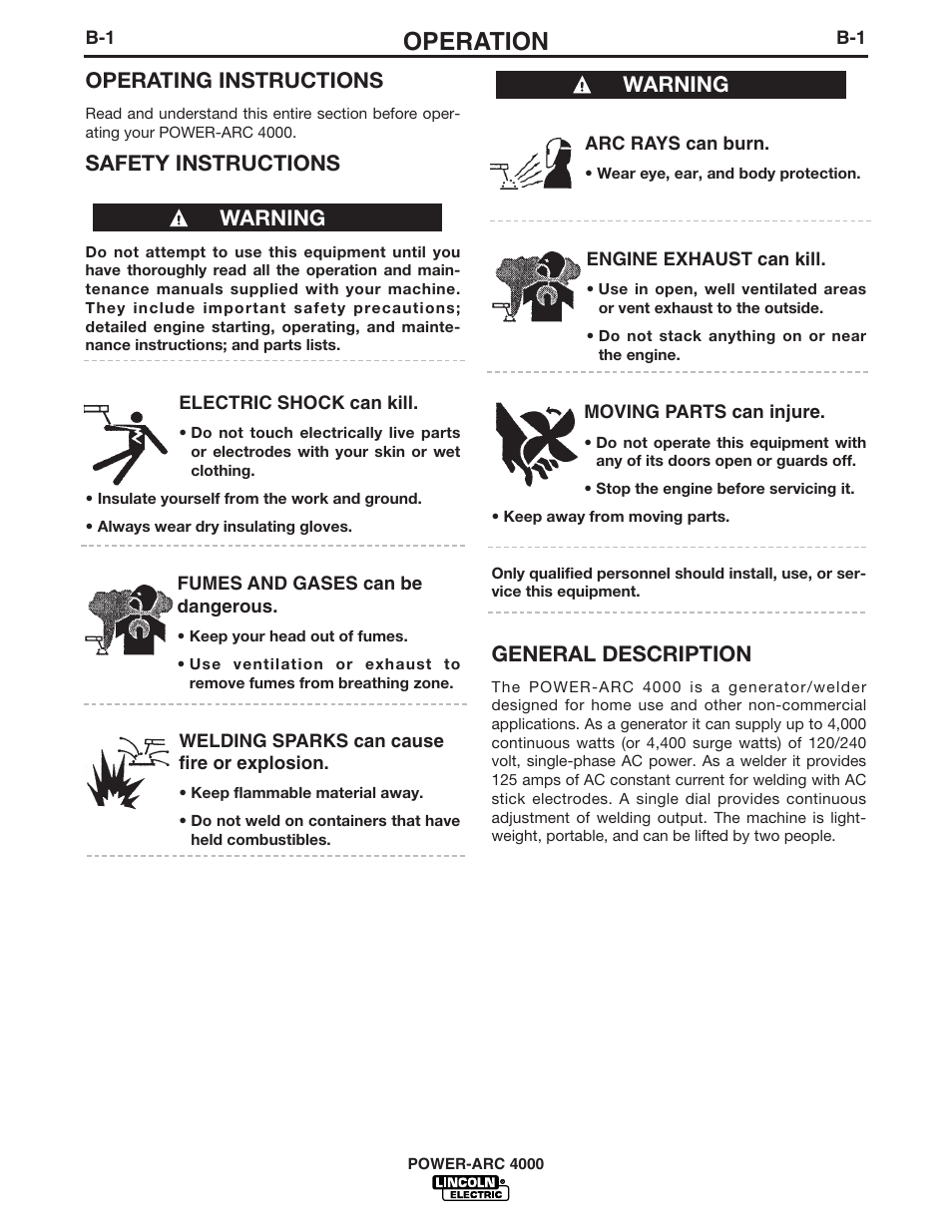 Operation, Operating instructions, Safety instructions | General description, Warning | Lincoln POWER-ARC 4000 User Manual | Page 16 / 52
