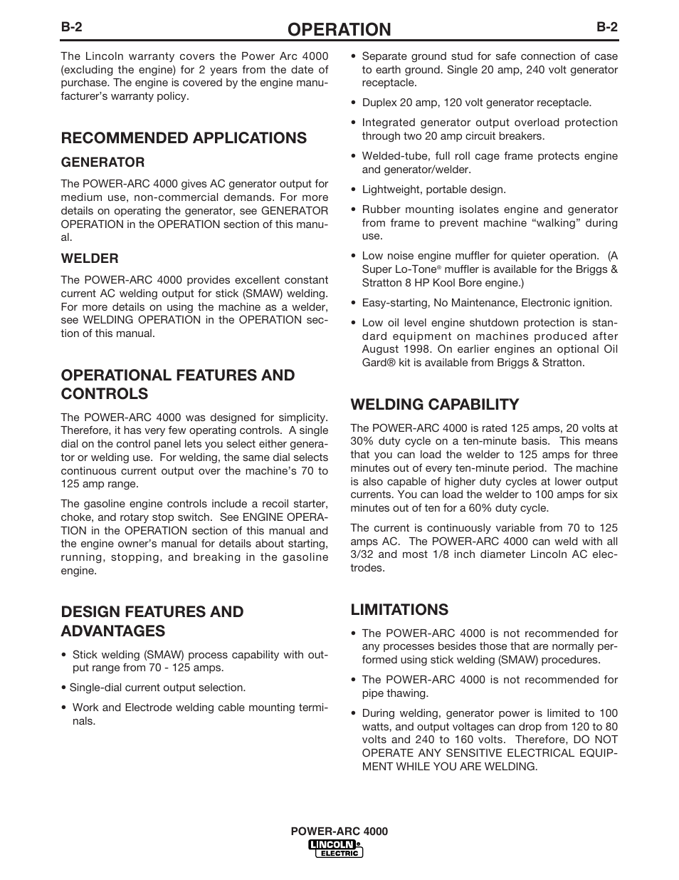 Operation, Recommended applications, Operational features and controls | Design features and advantages, Welding capability, Limitations | Lincoln POWER-ARC 4000 User Manual | Page 17 / 52