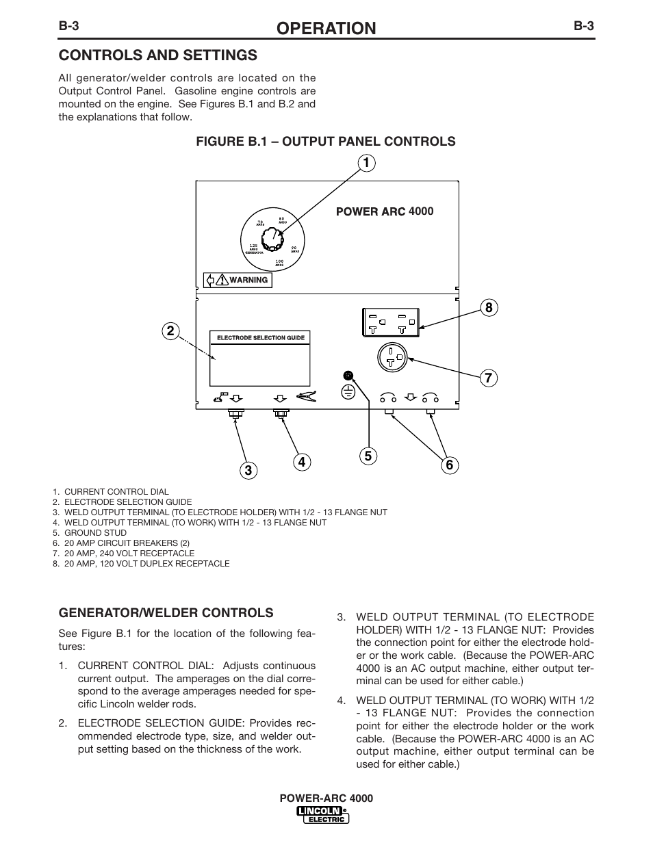Operation, Controls and settings, Generator/welder controls | Figure b.1 – output panel controls | Lincoln POWER-ARC 4000 User Manual | Page 18 / 52