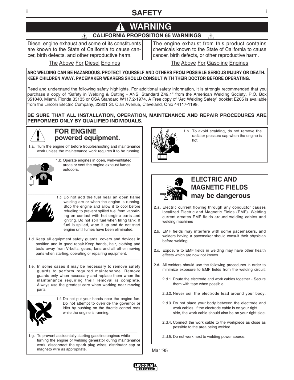 Warning, Safety, For engine powered equipment | Electric and magnetic fields may be dangerous | Lincoln POWER-ARC 4000 User Manual | Page 2 / 52