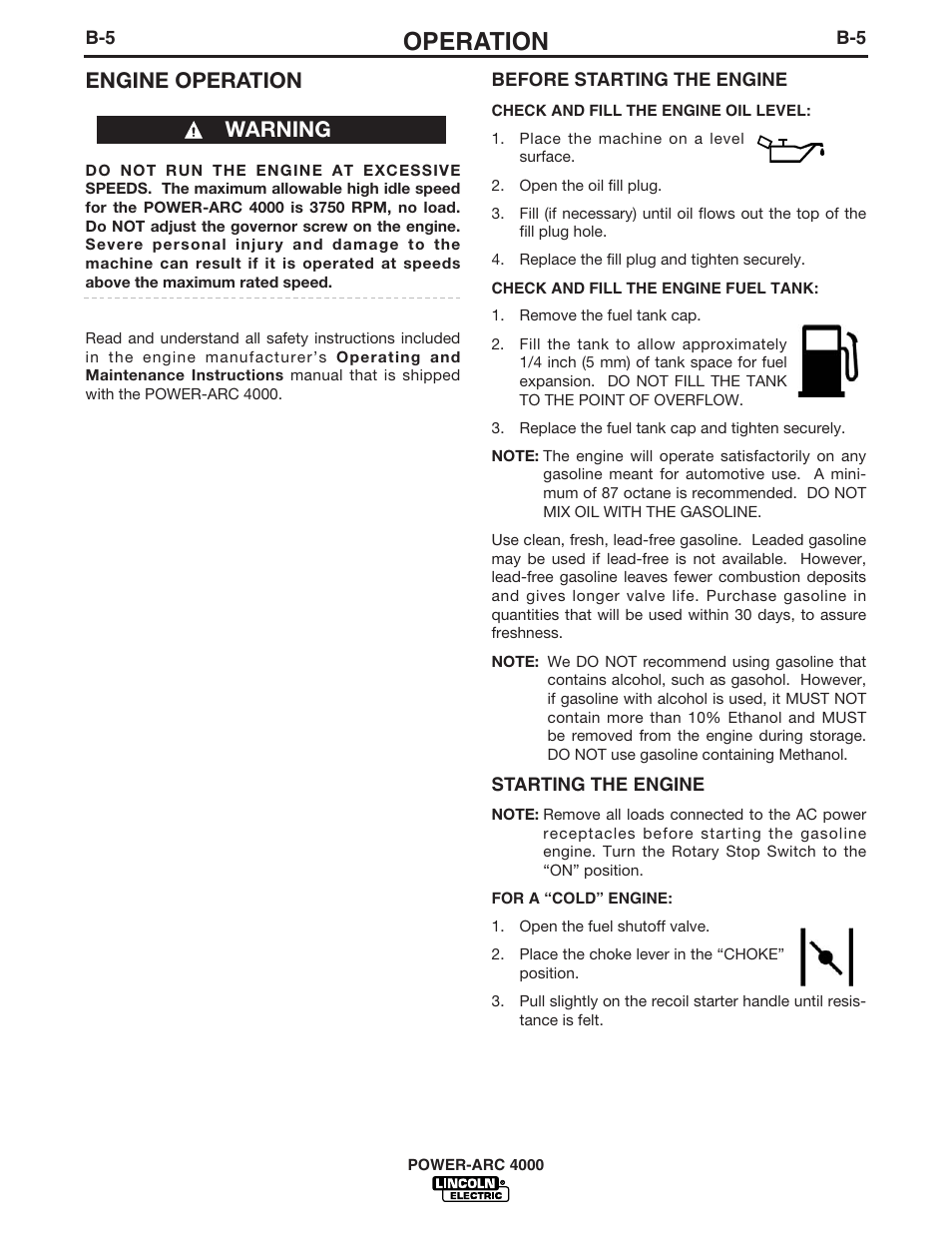 Operation, Engine operation, Warning | Lincoln POWER-ARC 4000 User Manual | Page 20 / 52