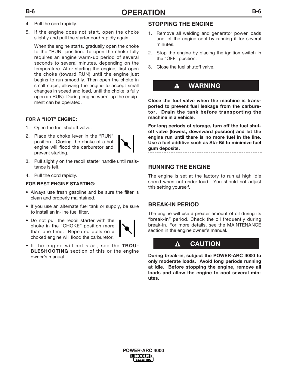 Operation, Warning caution | Lincoln POWER-ARC 4000 User Manual | Page 21 / 52