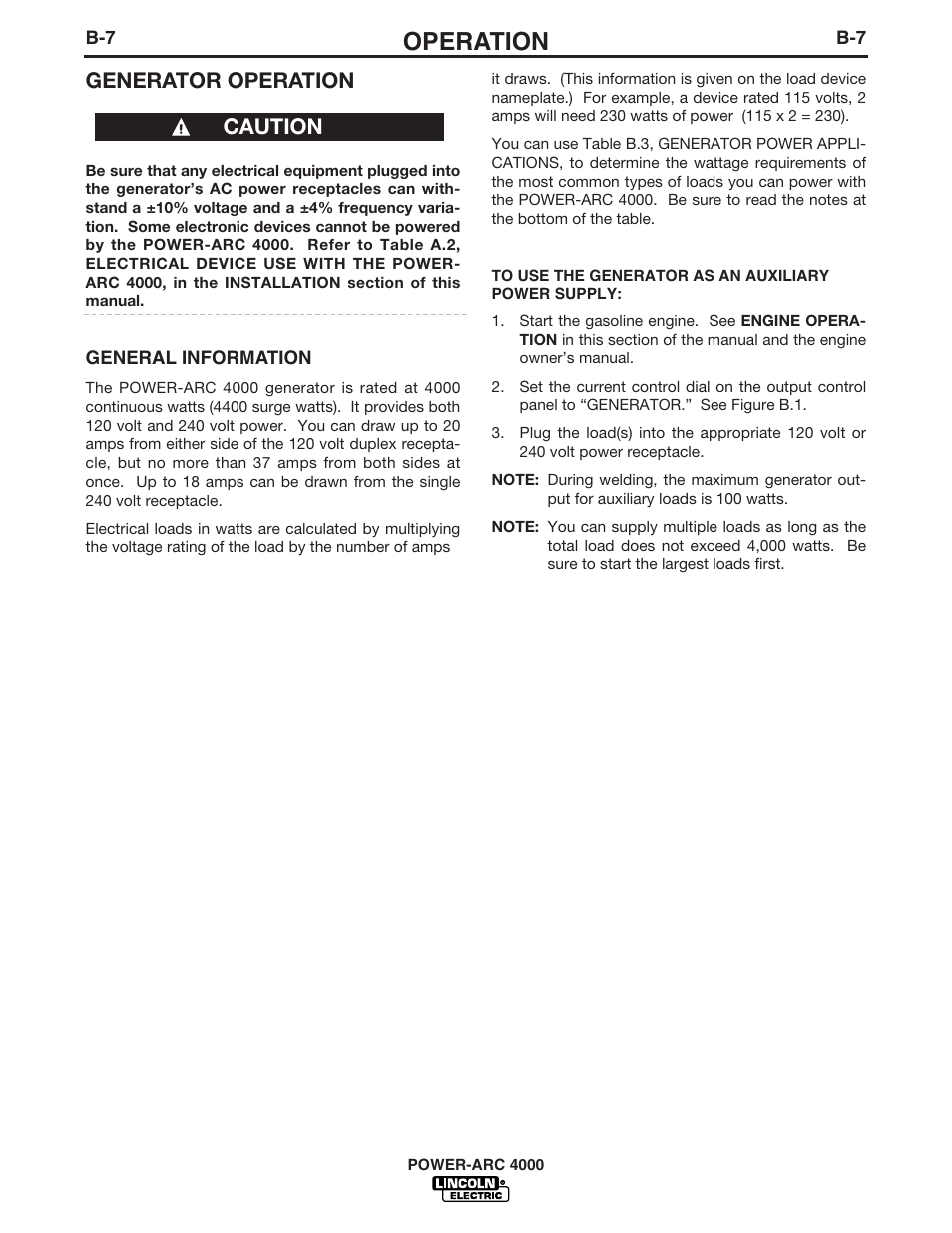 Operation, Generator operation, Caution | Lincoln POWER-ARC 4000 User Manual | Page 22 / 52