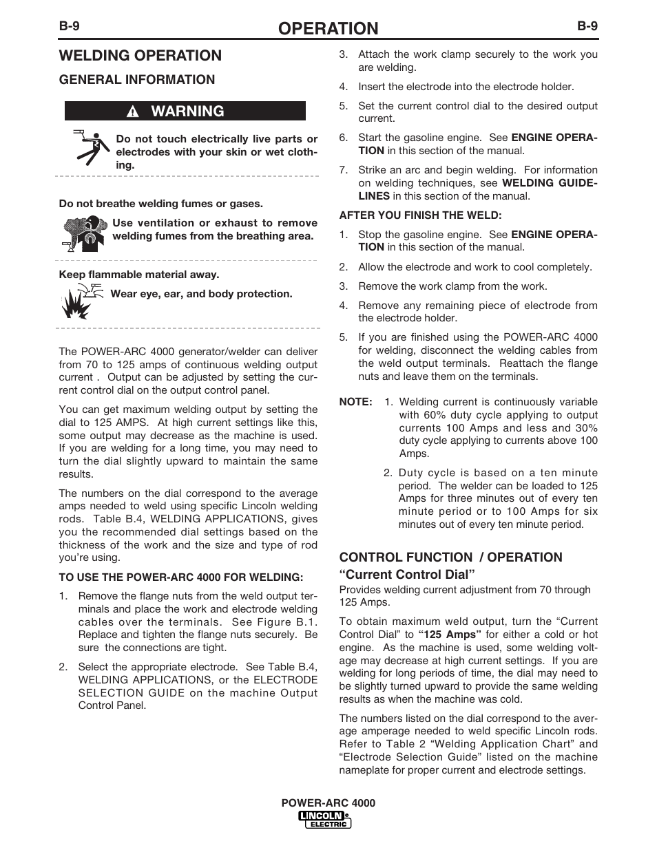 Operation, Welding operation, Warning | Lincoln POWER-ARC 4000 User Manual | Page 24 / 52