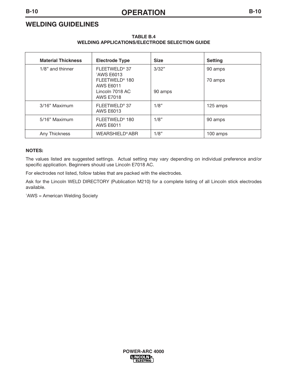 Operation, Welding guidelines, B-10 | Lincoln POWER-ARC 4000 User Manual | Page 25 / 52