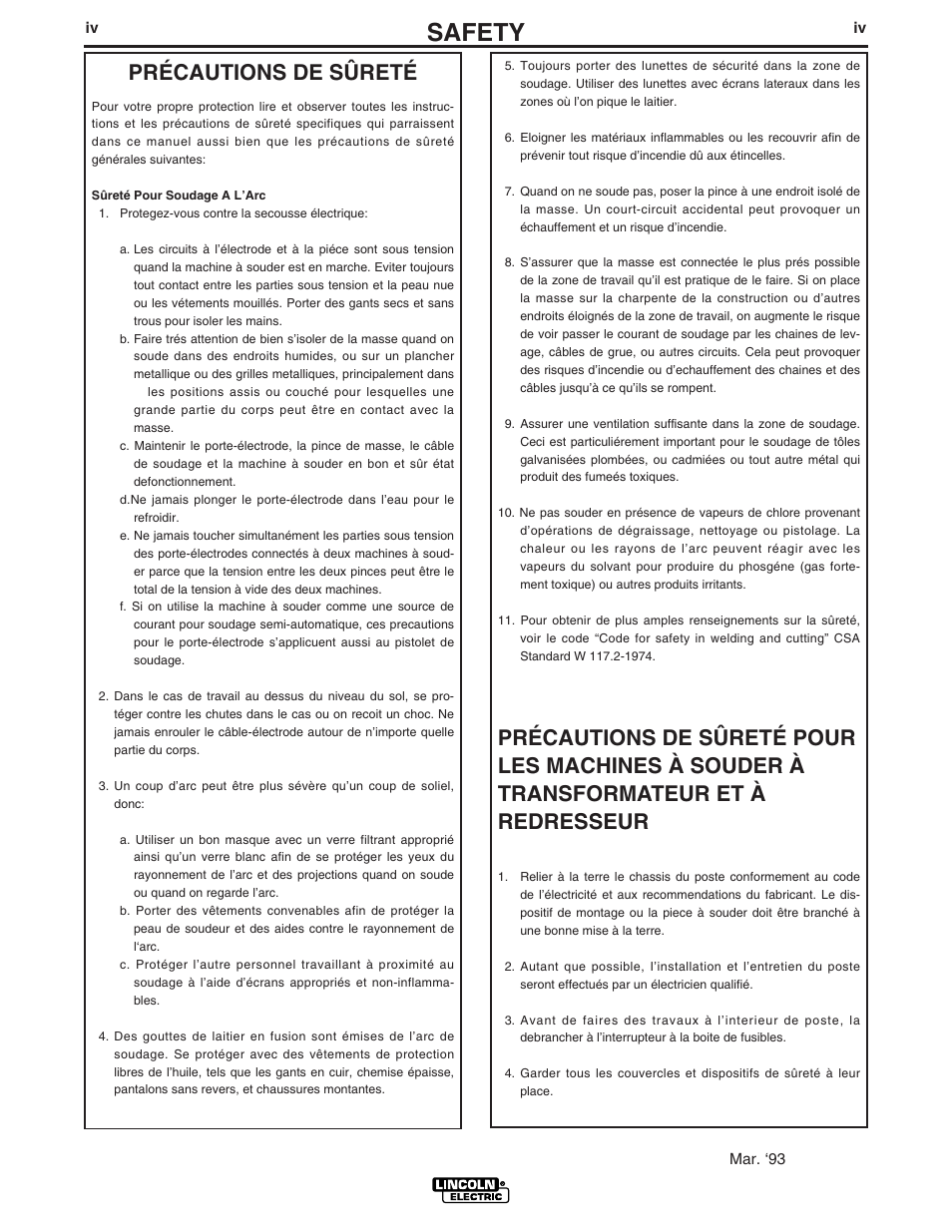 Safety, Précautions de sûreté | Lincoln POWER-ARC 4000 User Manual | Page 5 / 52