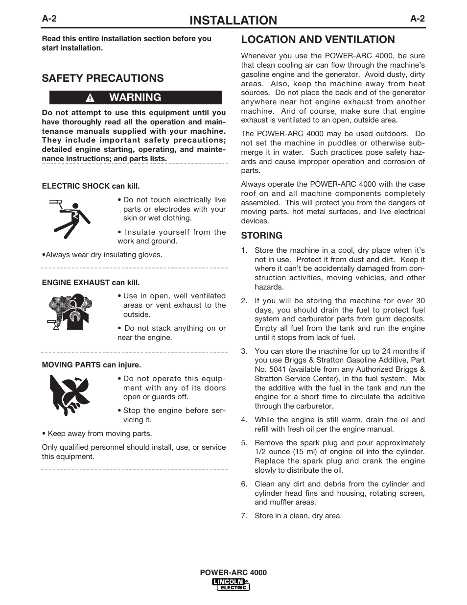 Installation, Safety precautions, Location and ventilation | Warning | Lincoln POWER-ARC 4000 User Manual | Page 9 / 52