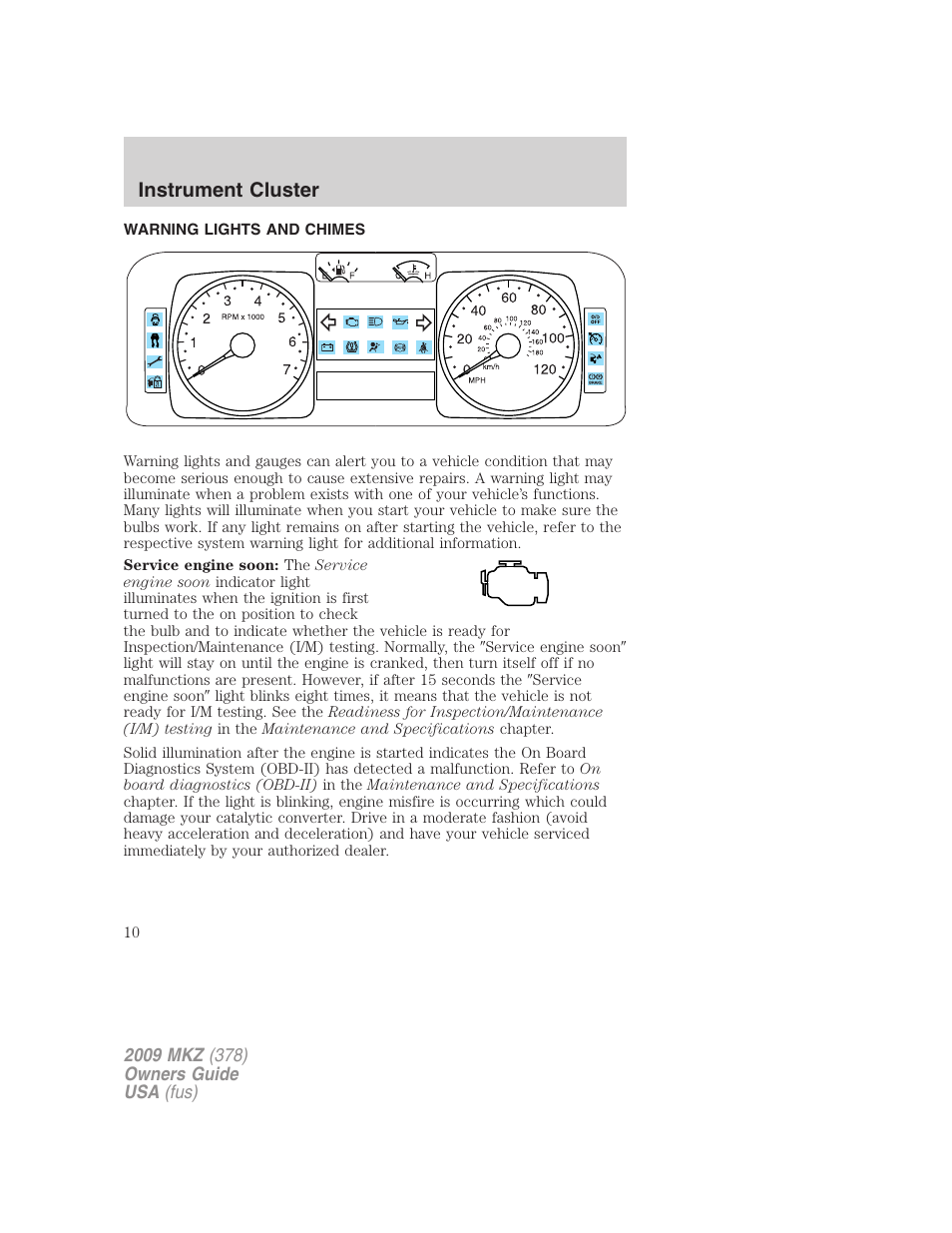 Instrument cluster, Warning lights and chimes | Lincoln 2009 MKZ User Manual | Page 10 / 292