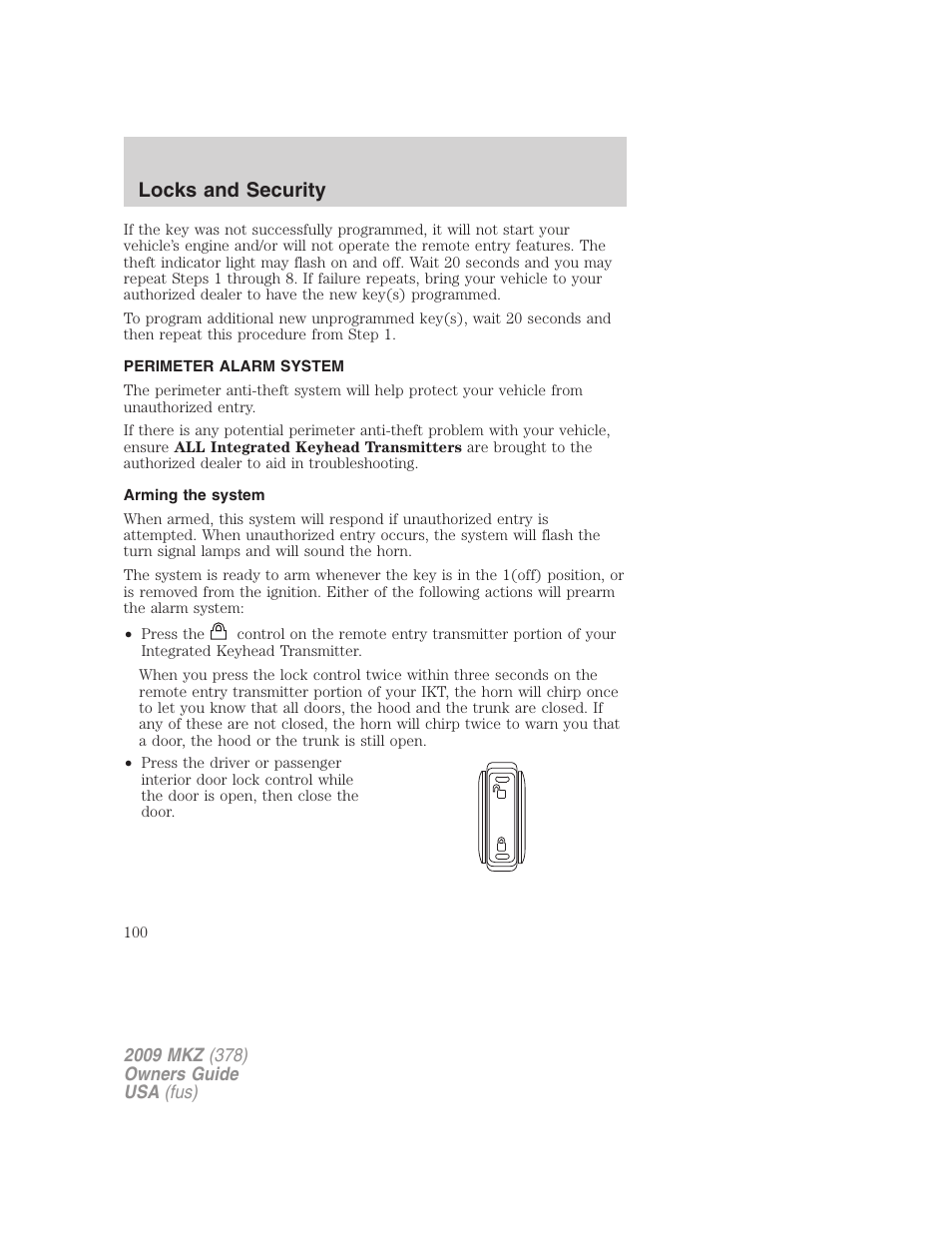 Perimeter alarm system, Arming the system, Locks and security | Lincoln 2009 MKZ User Manual | Page 100 / 292