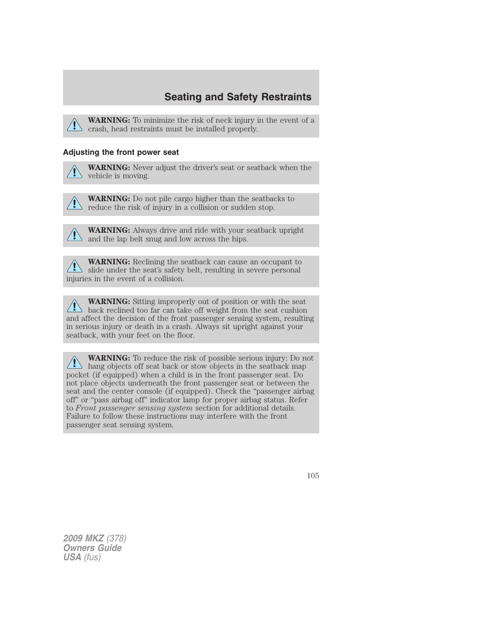 Adjusting the front power seat, Seating and safety restraints | Lincoln 2009 MKZ User Manual | Page 105 / 292