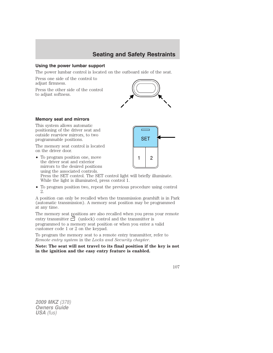 Using the power lumbar support, Memory seat and mirrors, Seating and safety restraints | Lincoln 2009 MKZ User Manual | Page 107 / 292