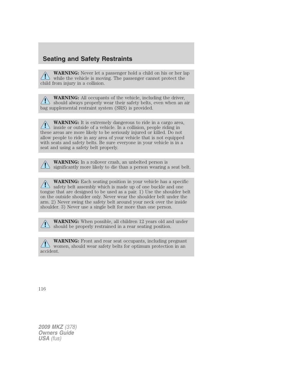 Seating and safety restraints | Lincoln 2009 MKZ User Manual | Page 116 / 292