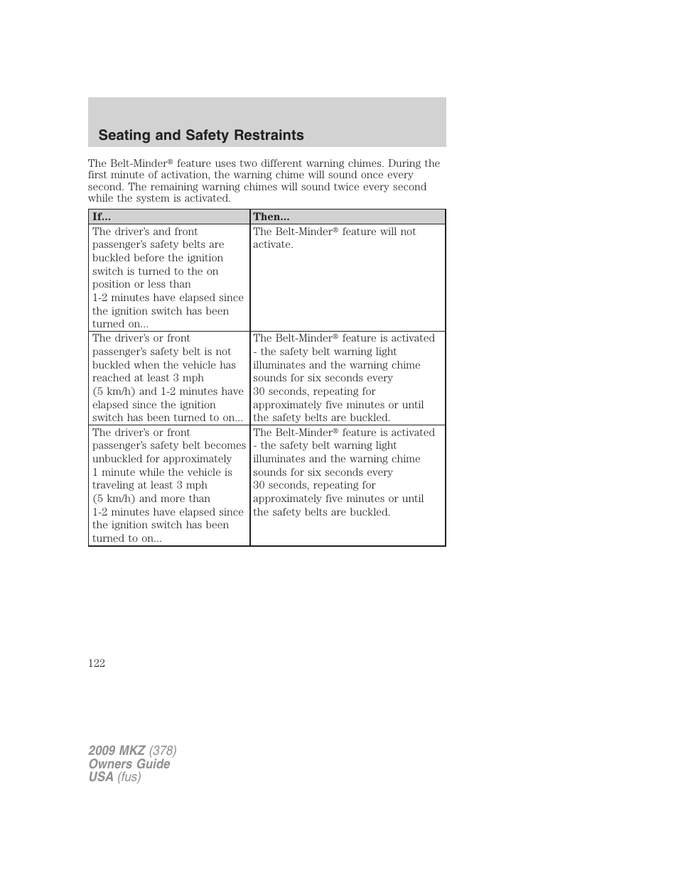 Seating and safety restraints | Lincoln 2009 MKZ User Manual | Page 122 / 292