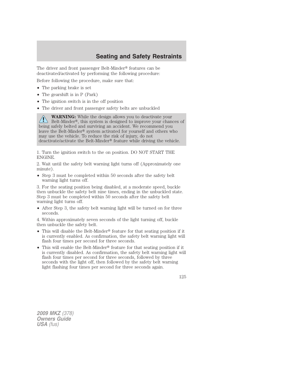 Seating and safety restraints | Lincoln 2009 MKZ User Manual | Page 125 / 292