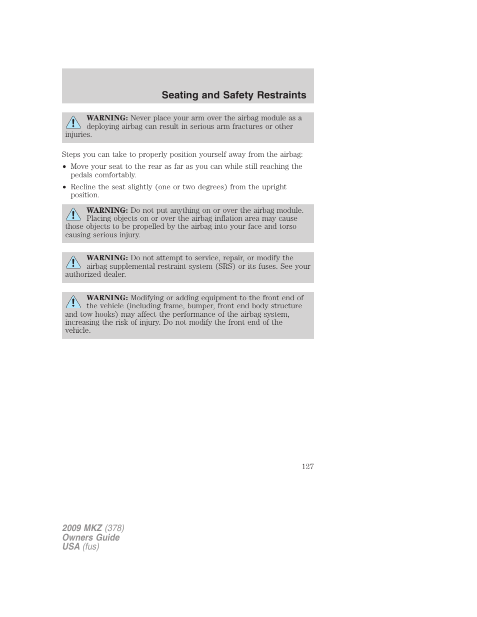 Seating and safety restraints | Lincoln 2009 MKZ User Manual | Page 127 / 292