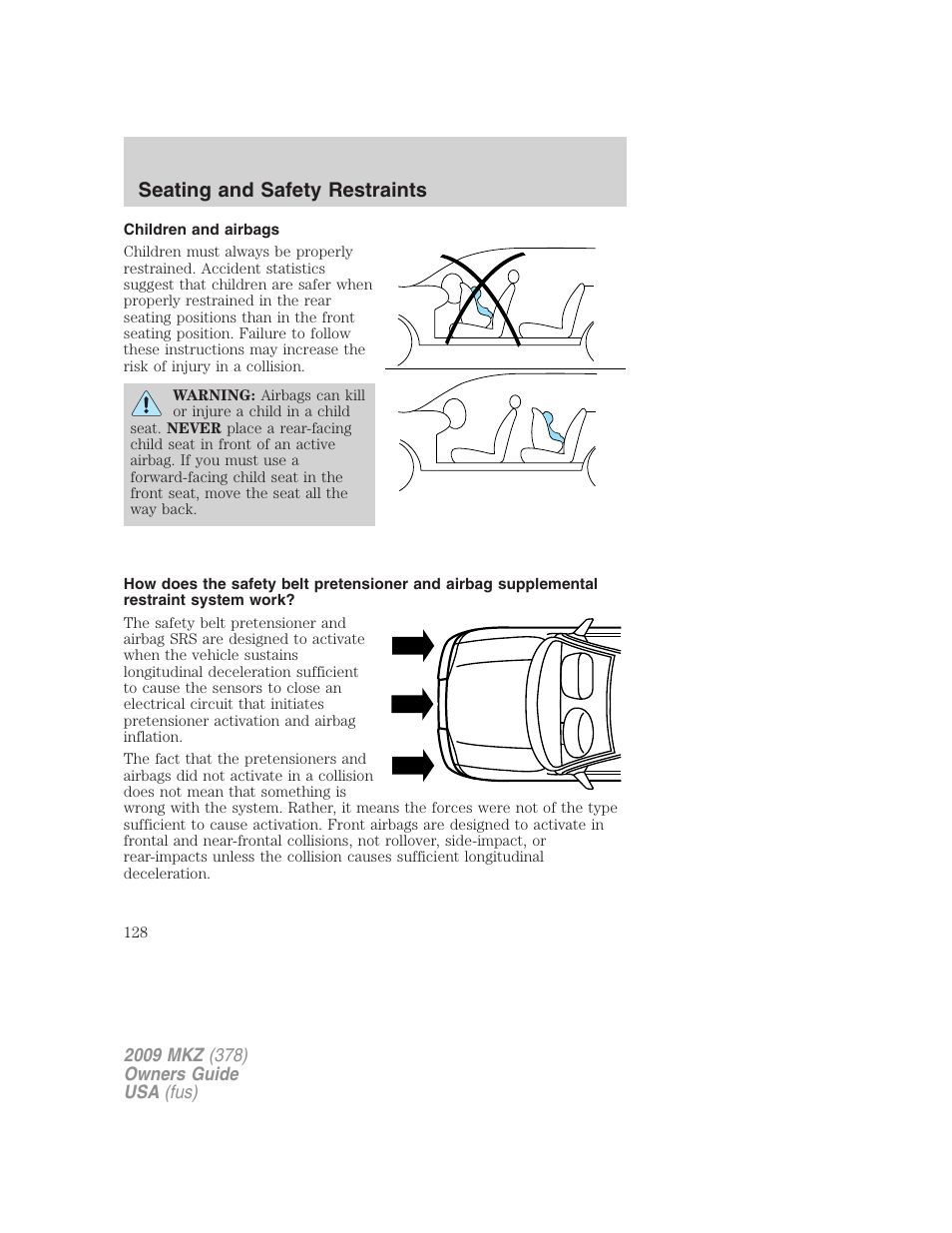 Children and airbags, Seating and safety restraints | Lincoln 2009 MKZ User Manual | Page 128 / 292