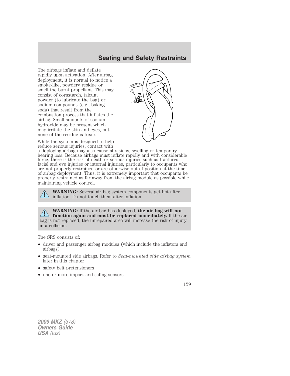 Seating and safety restraints | Lincoln 2009 MKZ User Manual | Page 129 / 292