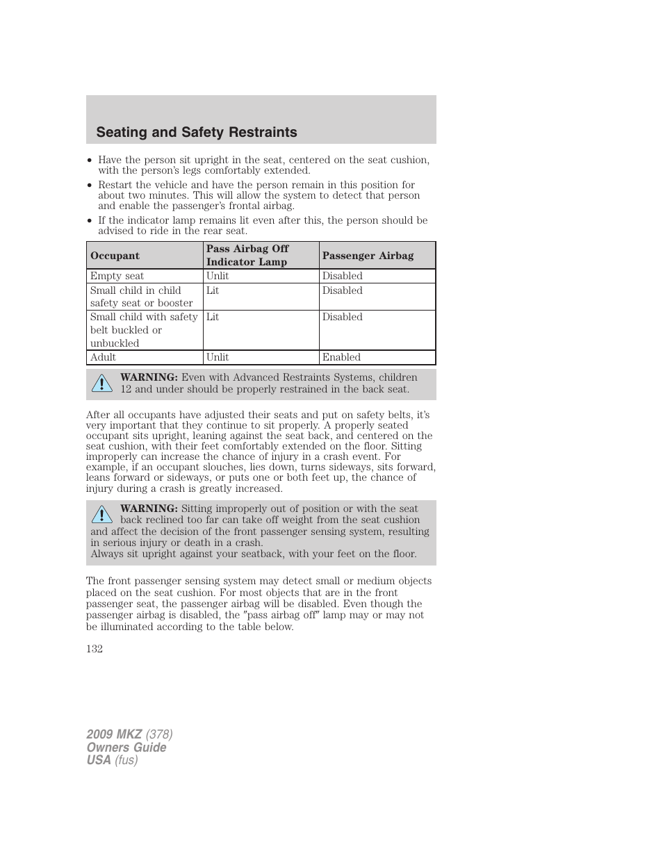 Seating and safety restraints | Lincoln 2009 MKZ User Manual | Page 132 / 292