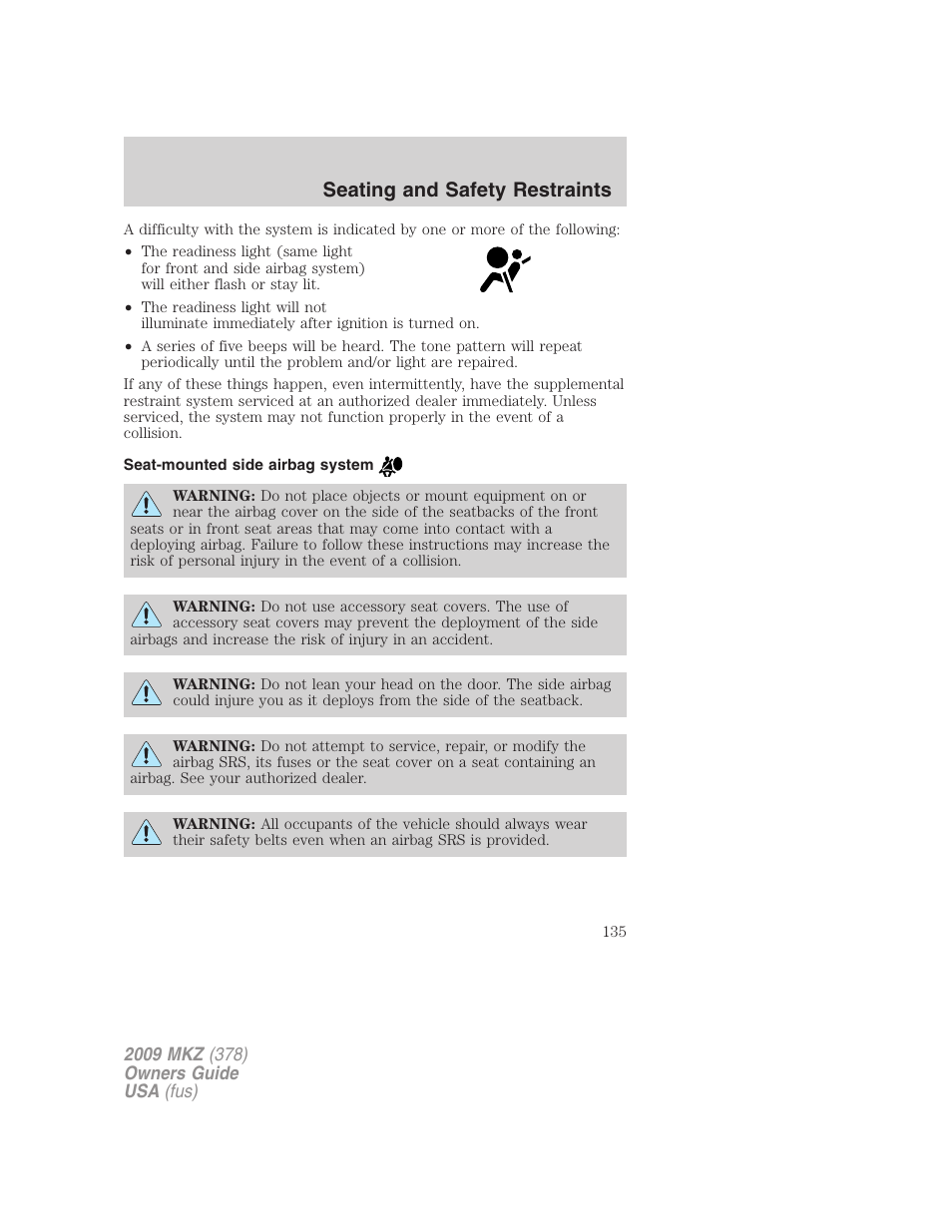 Seat-mounted side airbag system, Seating and safety restraints | Lincoln 2009 MKZ User Manual | Page 135 / 292