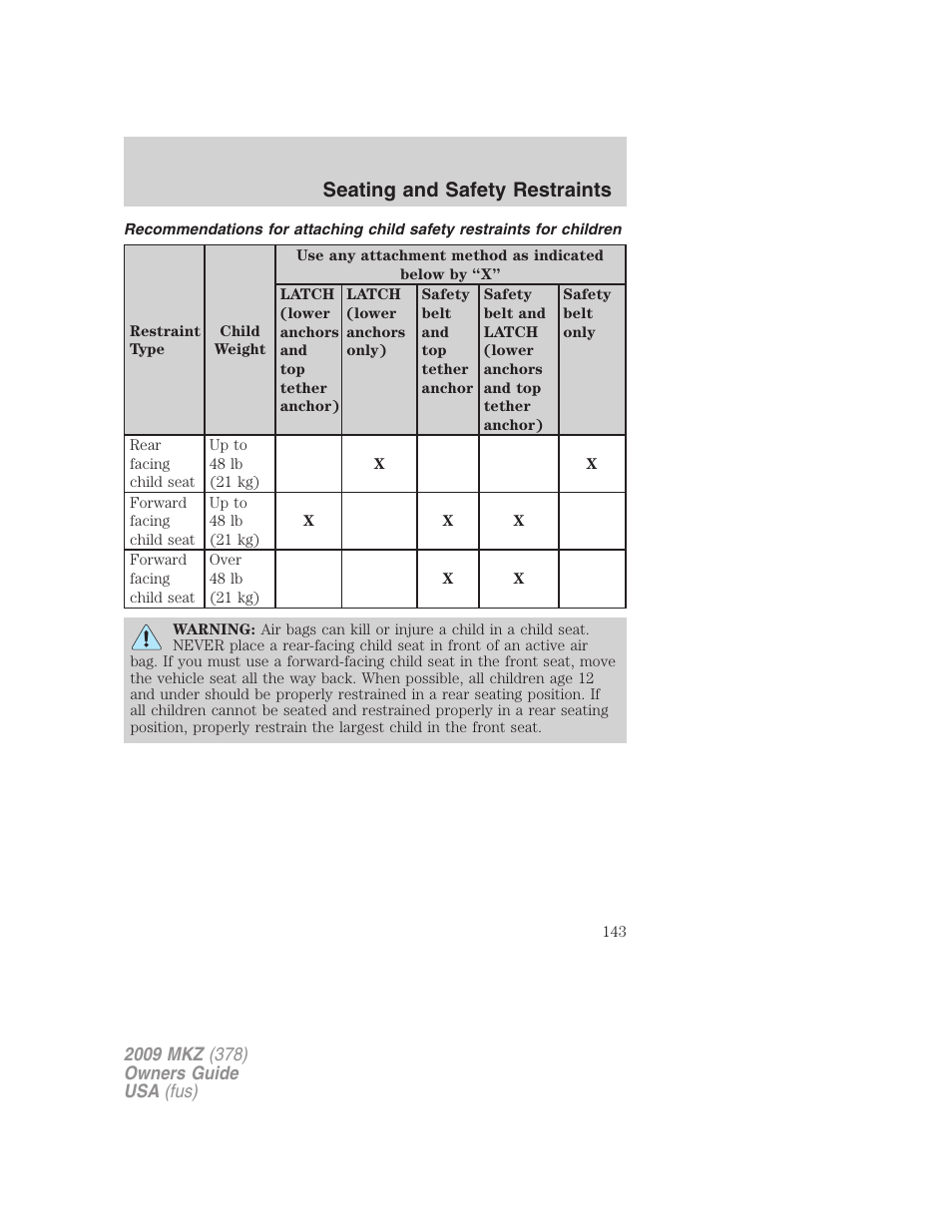 Seating and safety restraints | Lincoln 2009 MKZ User Manual | Page 143 / 292