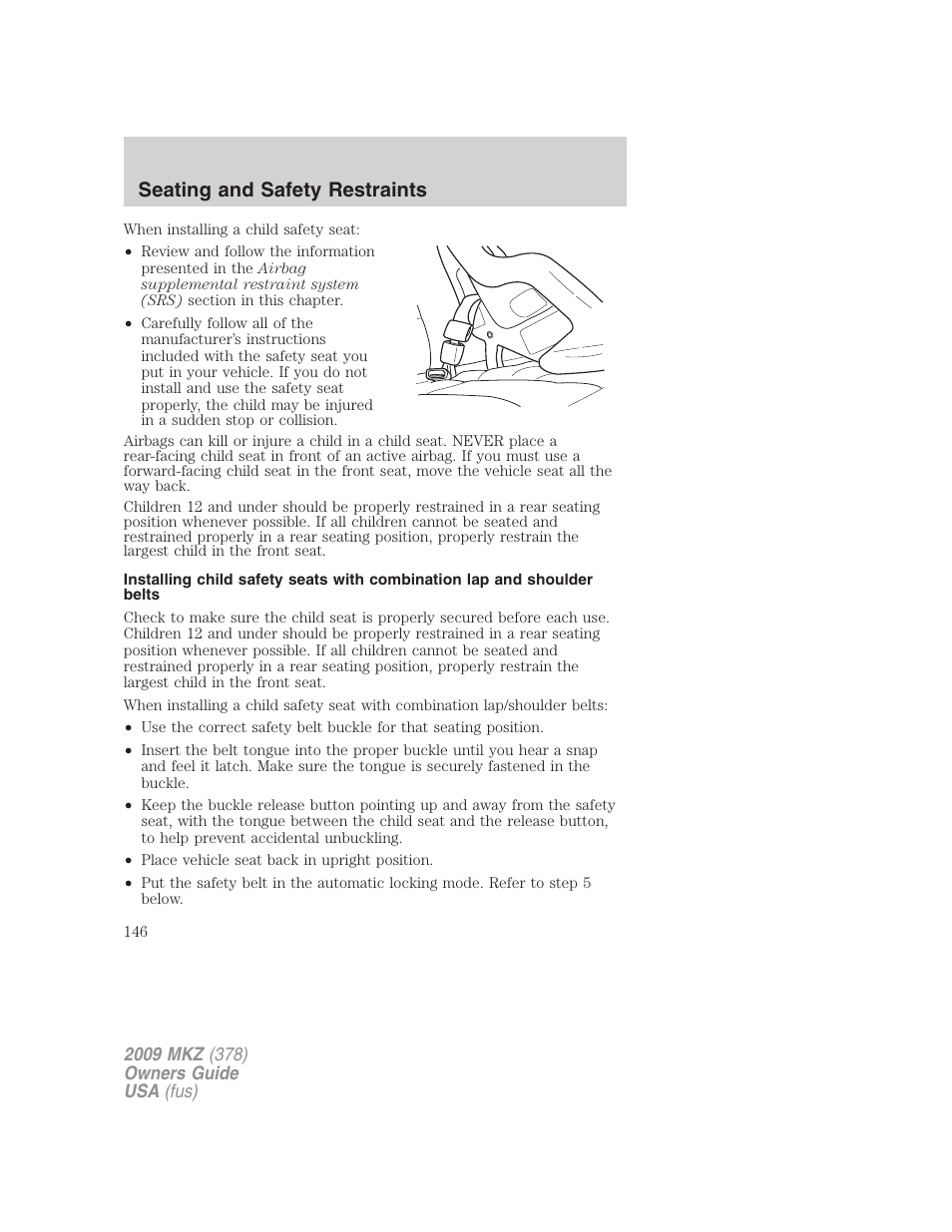 Seating and safety restraints | Lincoln 2009 MKZ User Manual | Page 146 / 292