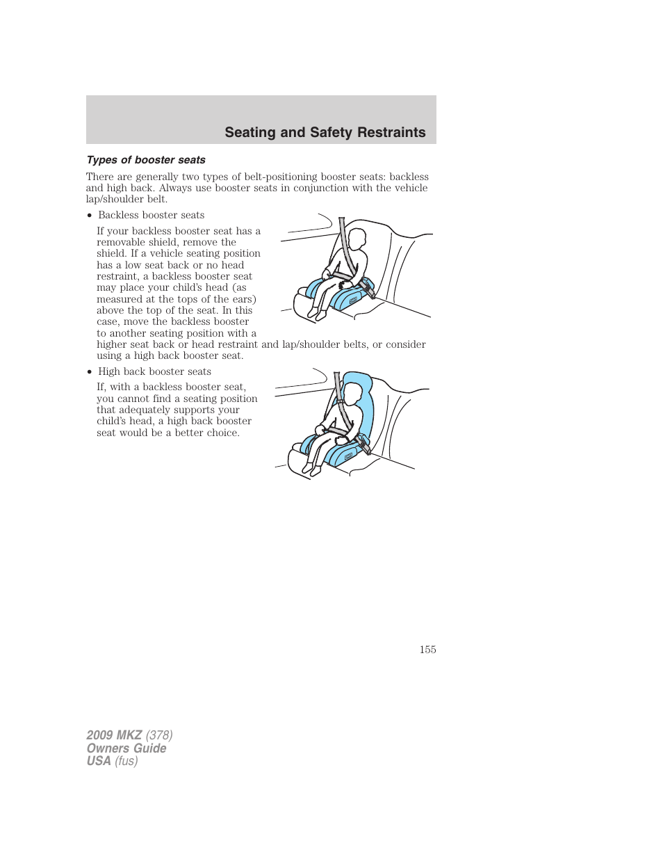 Types of booster seats, Seating and safety restraints | Lincoln 2009 MKZ User Manual | Page 155 / 292