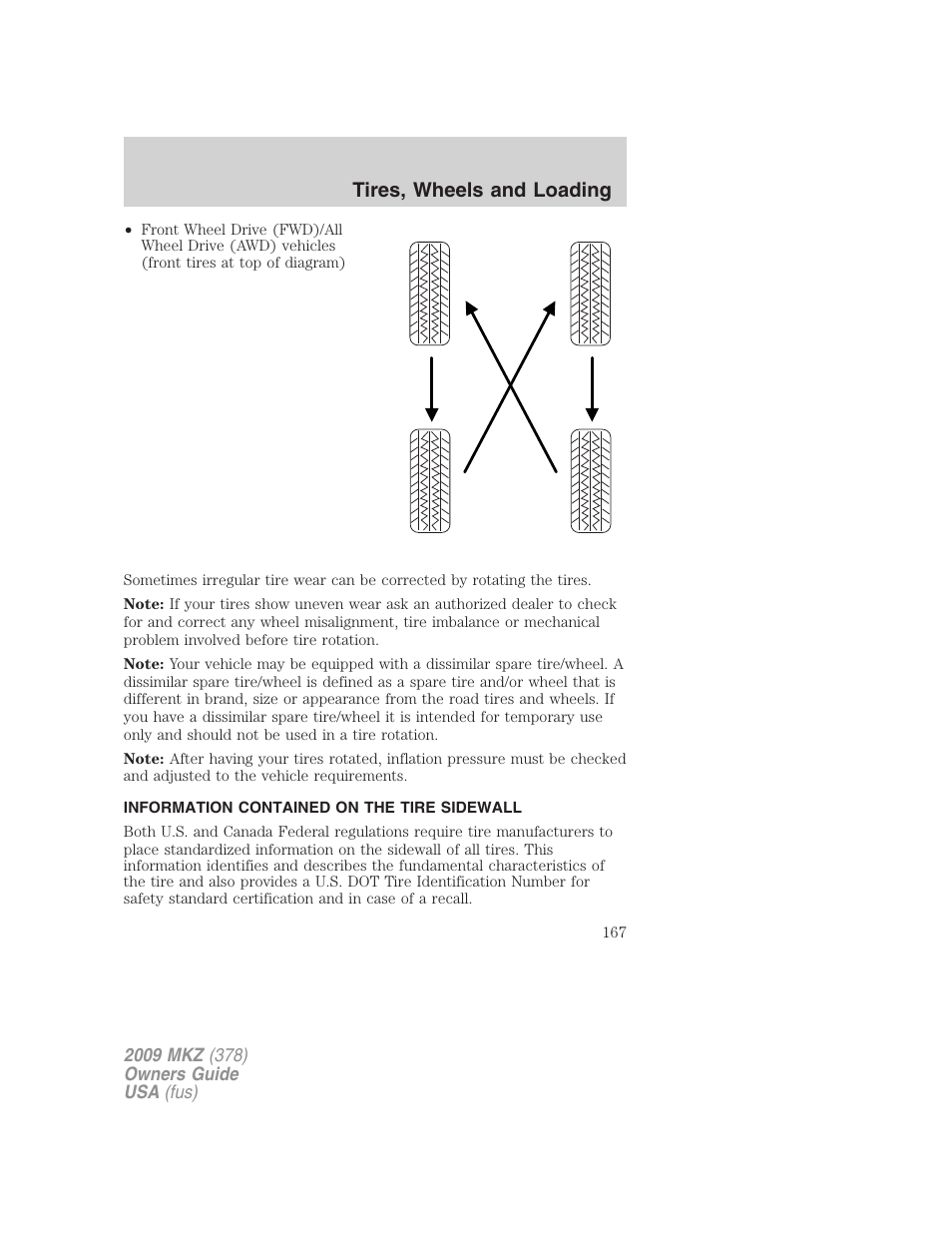 Information contained on the tire sidewall, Tires, wheels and loading | Lincoln 2009 MKZ User Manual | Page 167 / 292